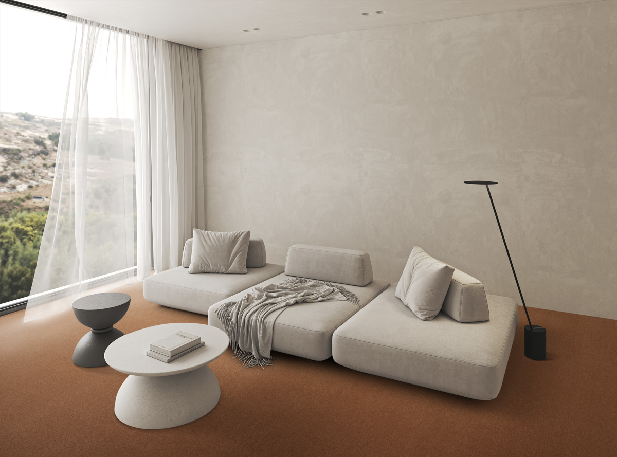 Modern style conceptual apartment interior livingroom. Large window with curtain and panoramic view. 3d rendering. High quality 3d illustration.